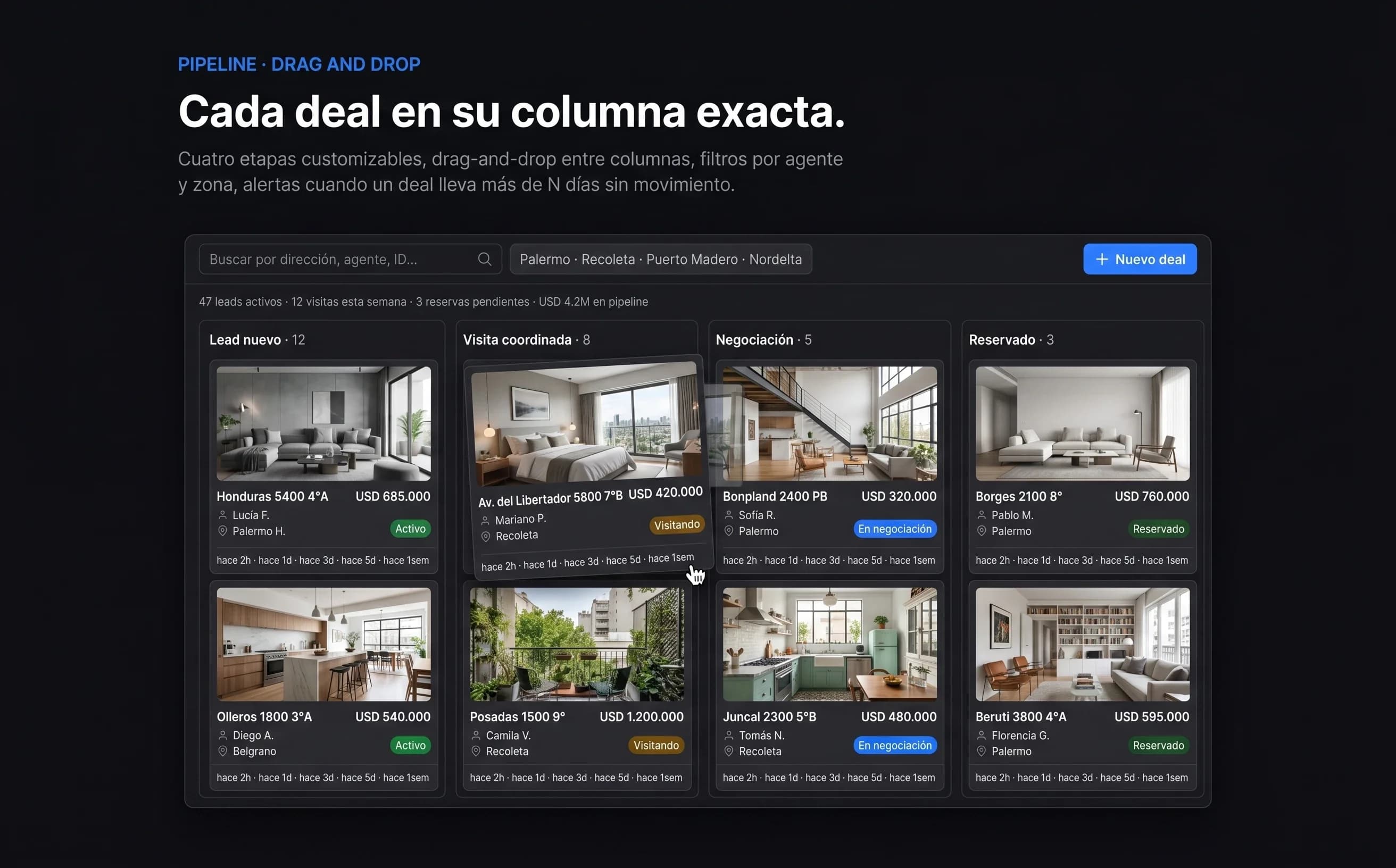 Detalle del kanban de pipeline de operaciones en Atalaya CRM con etapas por columna y valuación dual ARS/USD