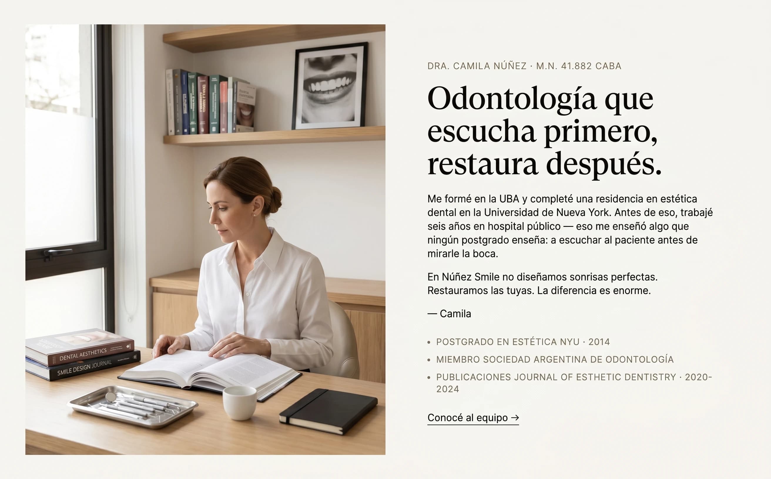 Detalle de paleta off-white y casi-negro con muestras de la tipografía serif display utilizada en la web de Núñez Smile