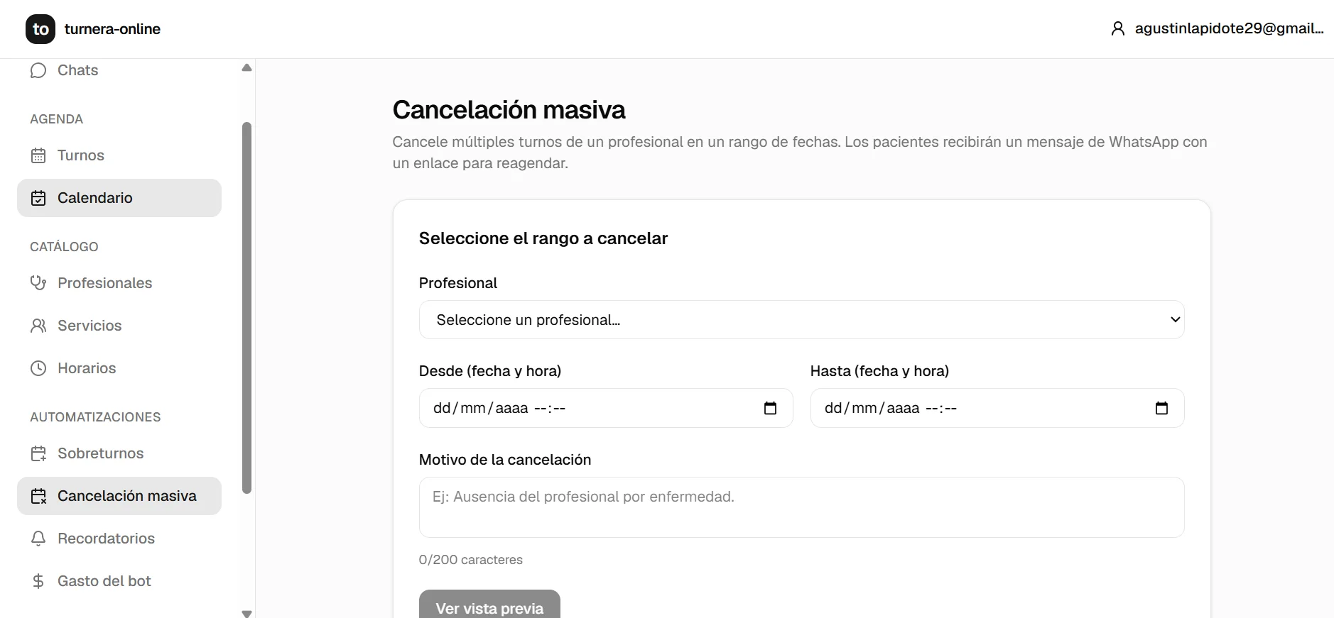 Pantalla de cancelación masiva de la consola: selector de profesional, rango de fechas y motivo de la cancelación